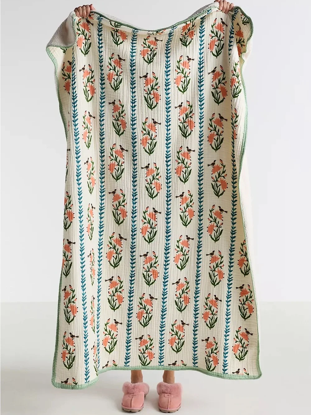 Anthropologie Gauze Cotton Sherpa Floral Printed Throw Blanket
